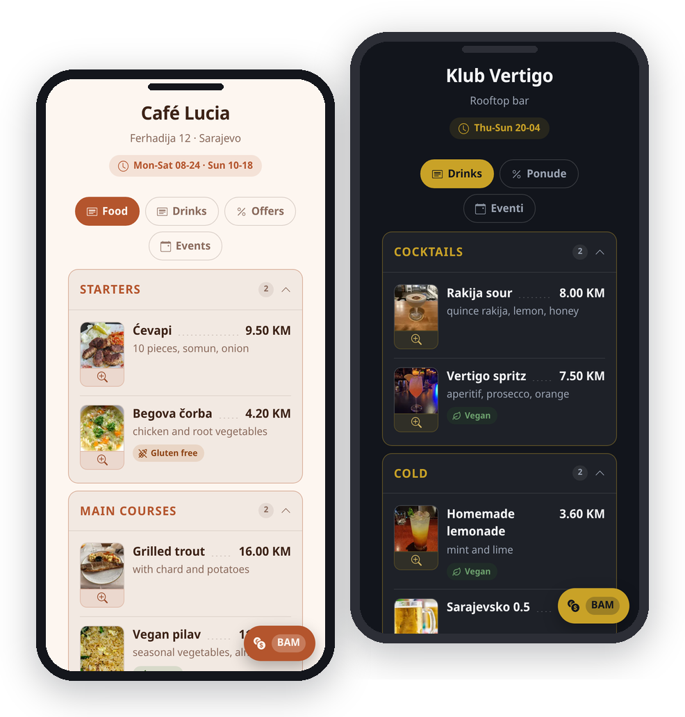 Two phones showing QR code menus: a café's food tab with a photograph beside every dish, and a bar's drinks list with cocktails, in a dark theme.
