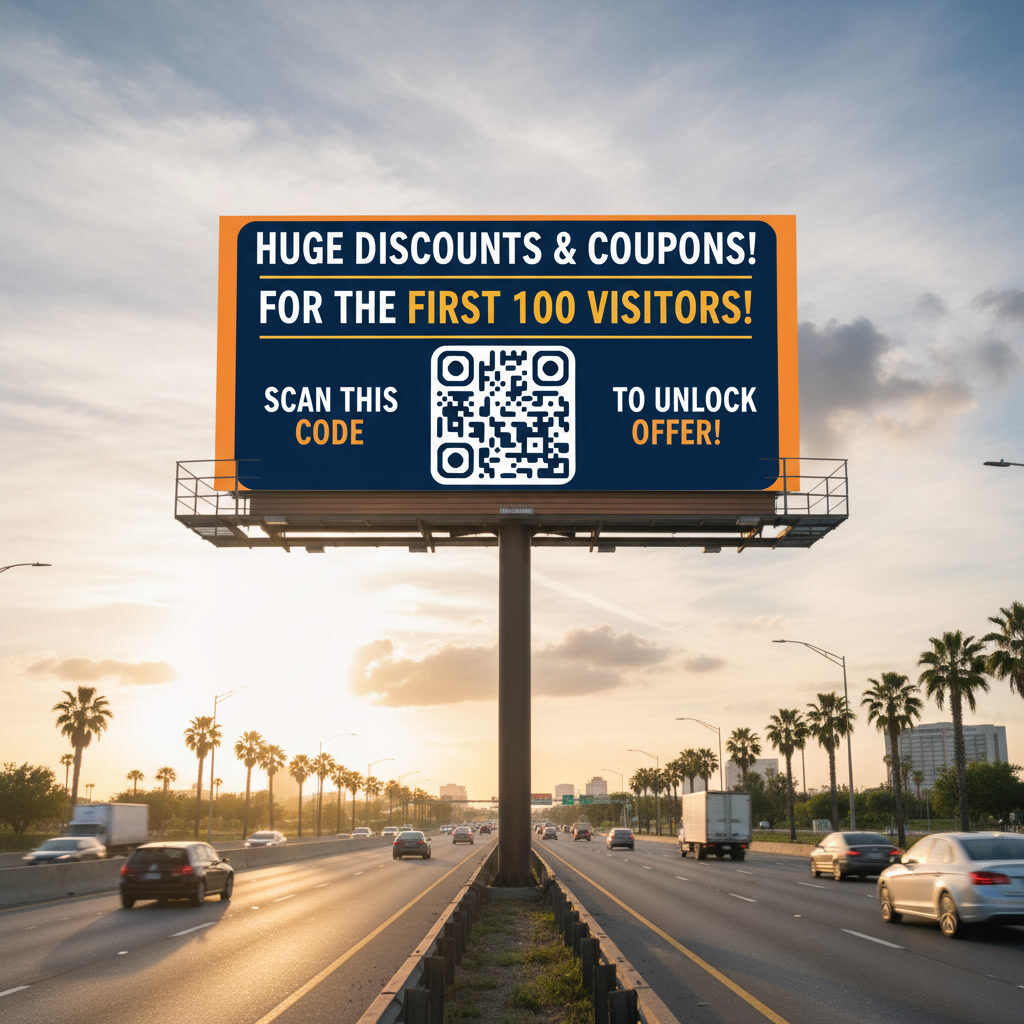 A billboard above a motorway at sunset, a large QR code in the middle of it and cars passing underneath.
