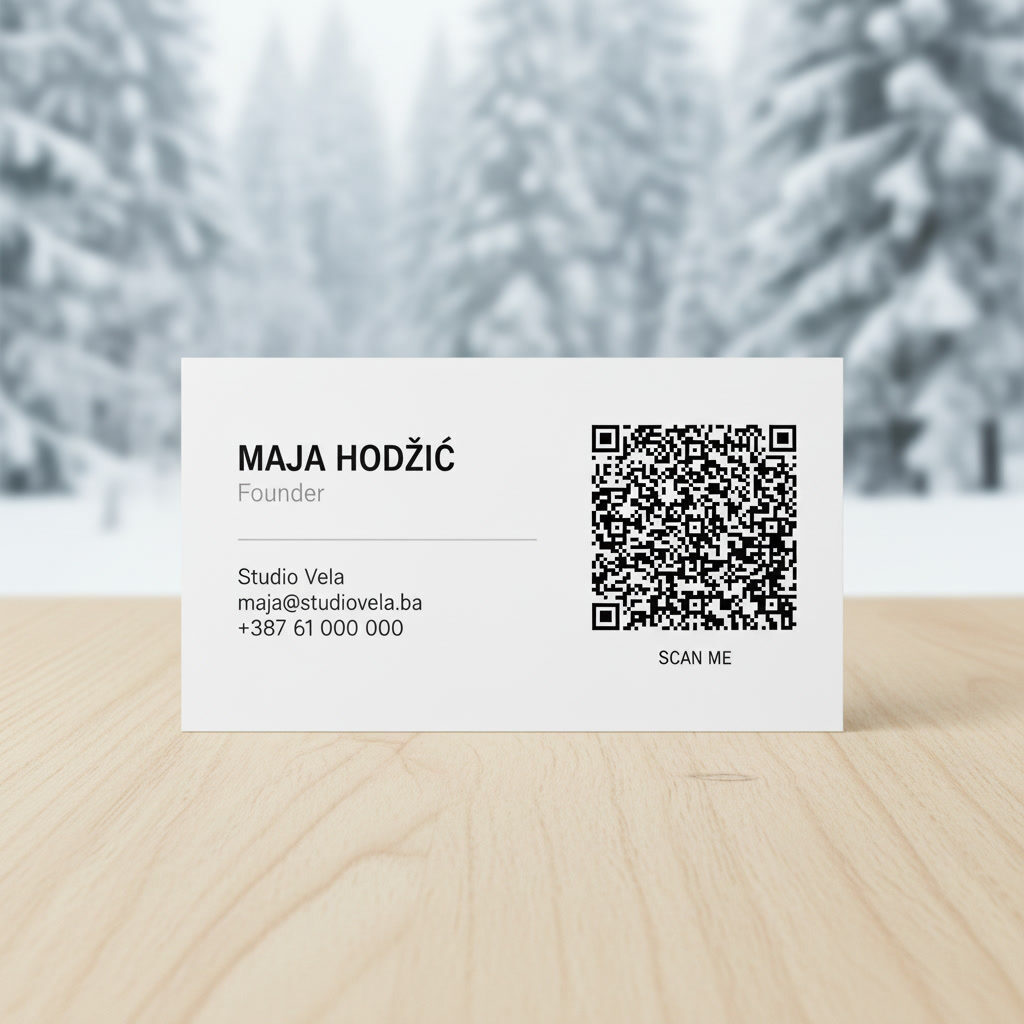 A business card standing on a desk, a QR code beside the name, the email address and the phone number.