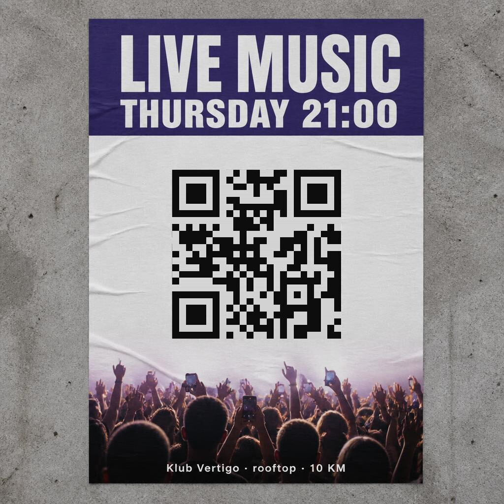 A poster taped to a wall, with a large QR code in the middle of it.