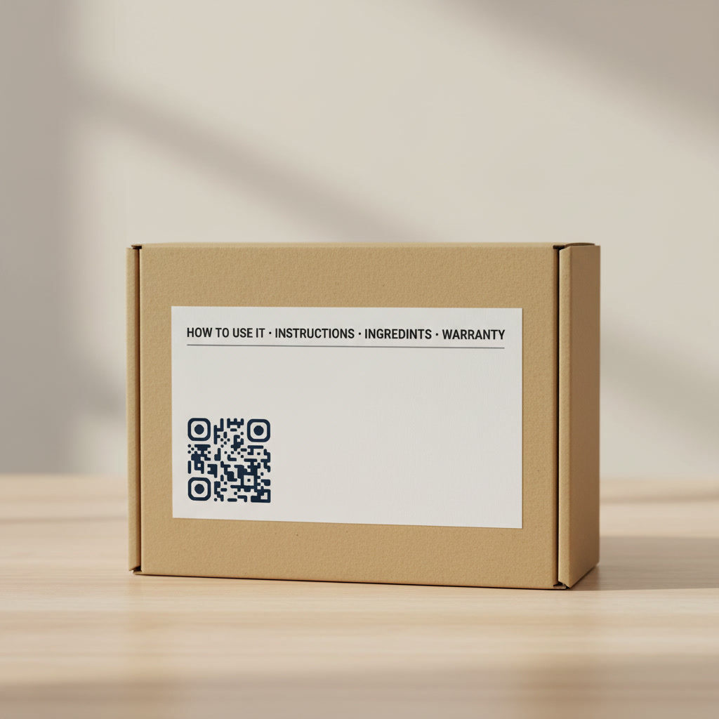 A cardboard box with a printed label, a QR code on the front panel below it.