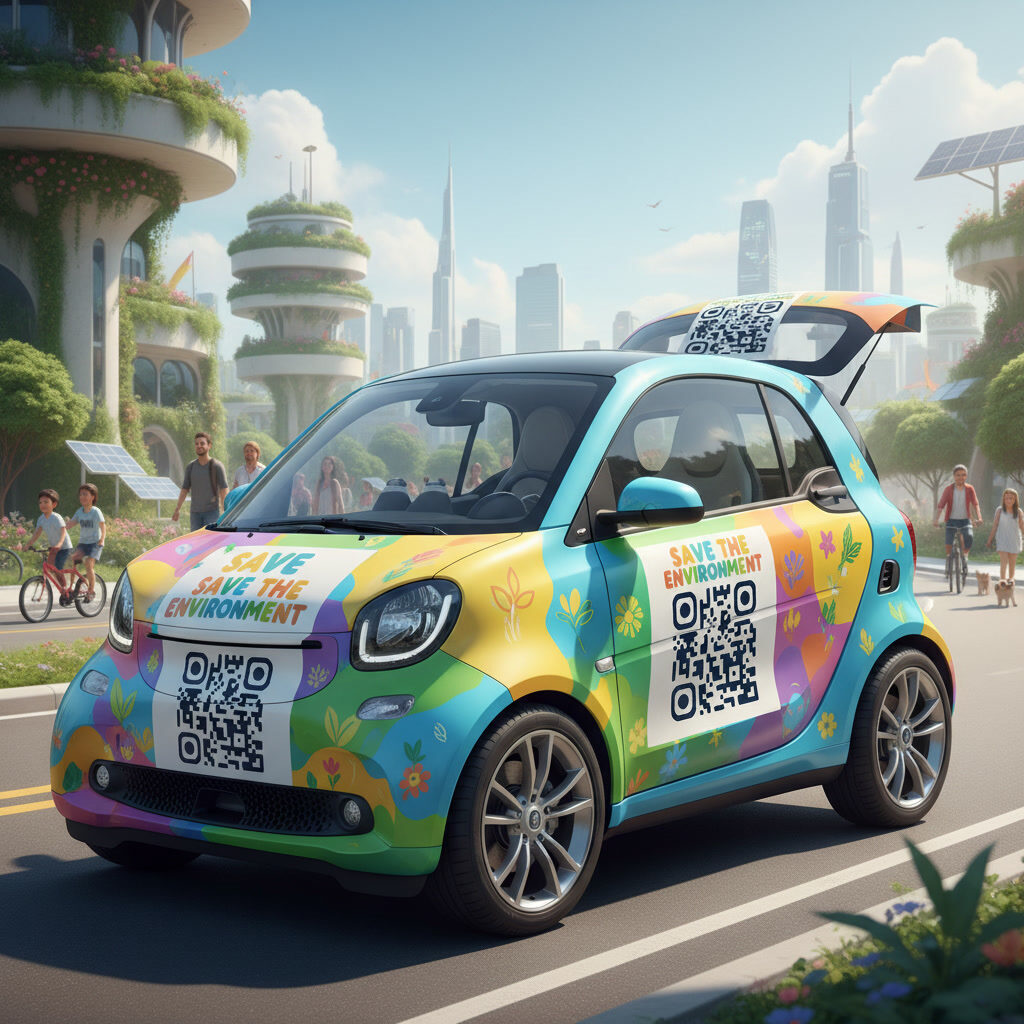 A brightly wrapped campaign car in a city street, a QR code on its door and another on its bonnet.