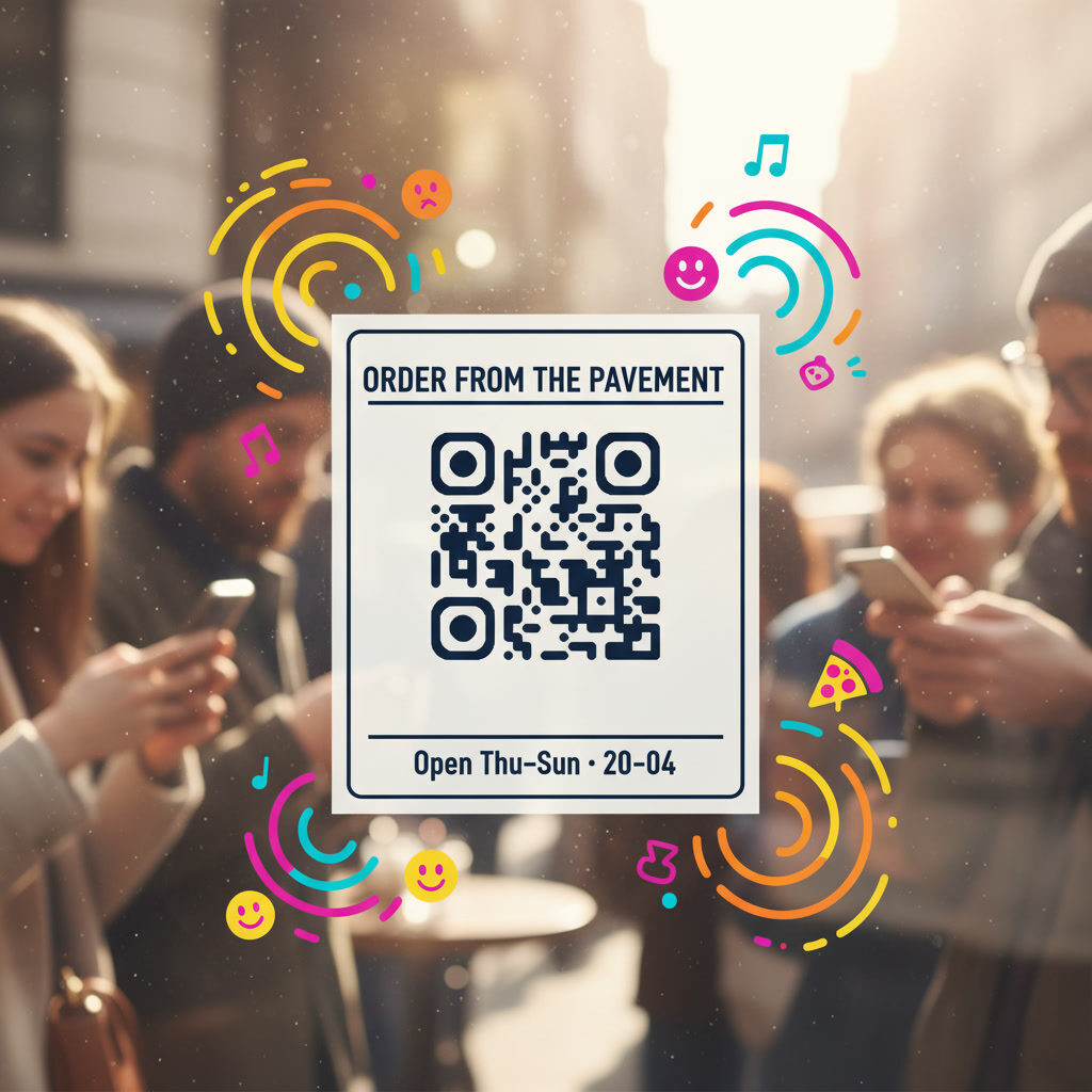 A shop window seen from the street, a QR code decal stuck to the glass at eye height.
