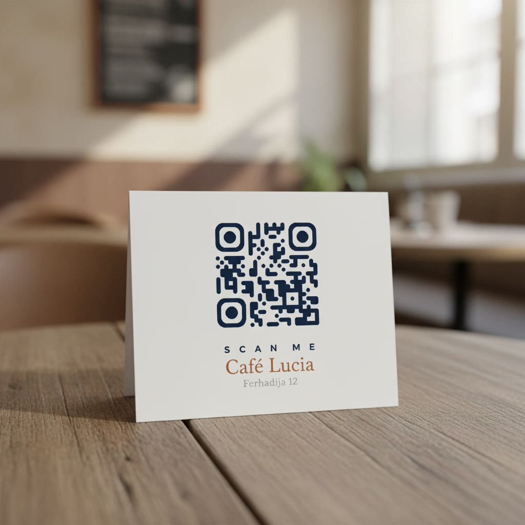 A folded card standing on a café table, a QR code above the words scan me and the café's name.