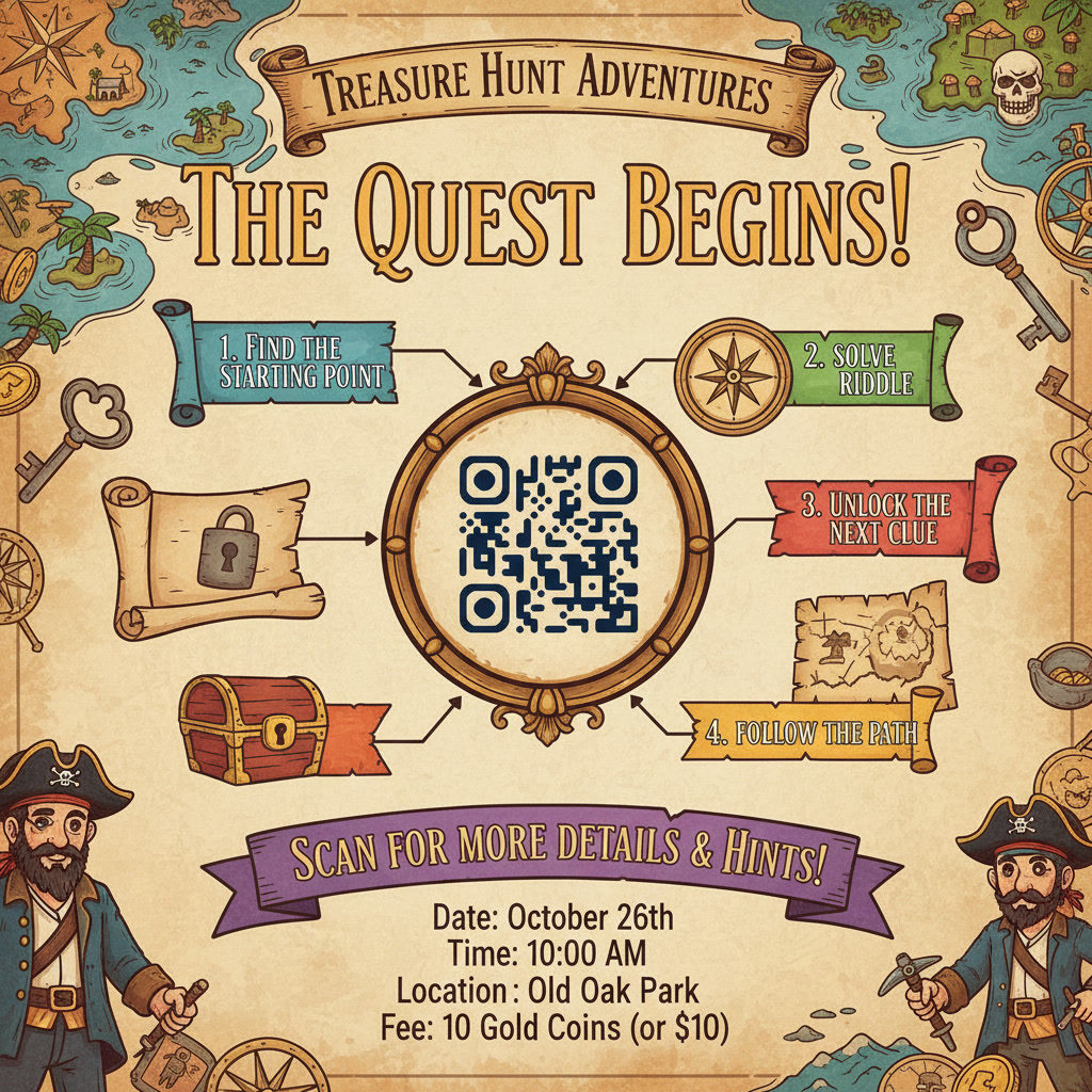 A pirate treasure-map handbill with a QR code in the middle of it, ringed by the four steps of the hunt.